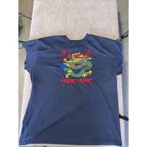 Vintage Hong Kong Dragon Embroidered Tshirt Tee Blue Unisex Size XL